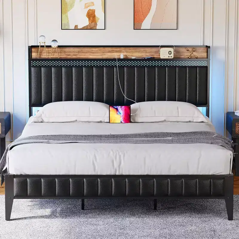 CuisinSmart Bed Frame with Charging Station, LED Bed Frame with Storage Headboard, Upholstered Platform Bed Frame, No Box Spring Needed