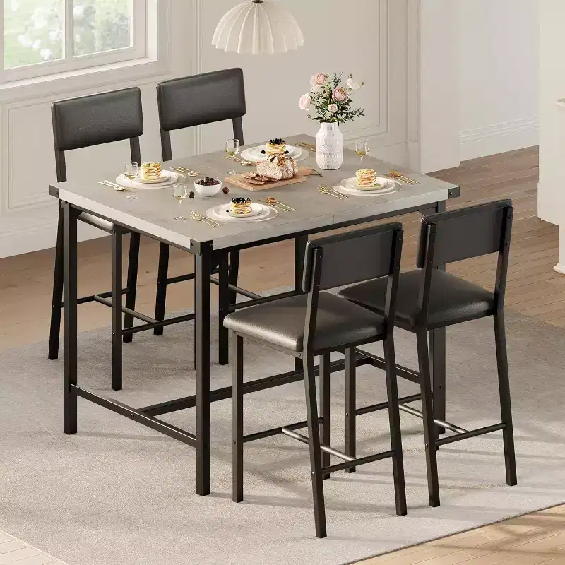 COZONY 5-Piece Dining Table Set with Counter Height Table & 4 Upholstered Bar Stools, Footrest & Corner Guard