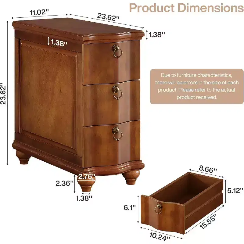 Wood Fully Assembled End Table, 3-Drawers Narrow Slim Side Table, Nightstand for Bedside, Small Spaces, Living Room, Bedroom, Walnut Brown