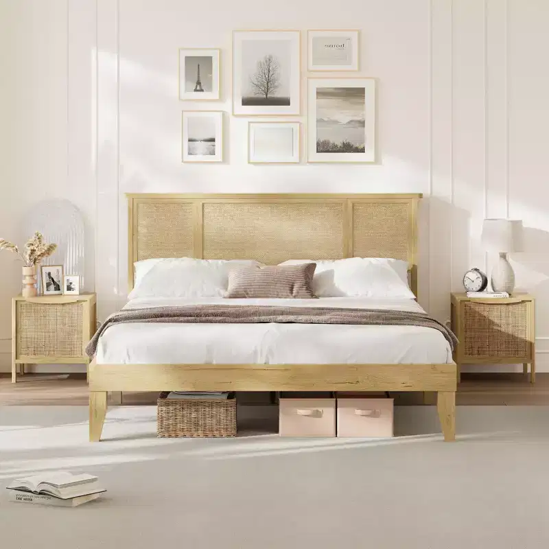 GustoWave Bed Frame with Natural Rattan Headboard, Strong Wooden Slats