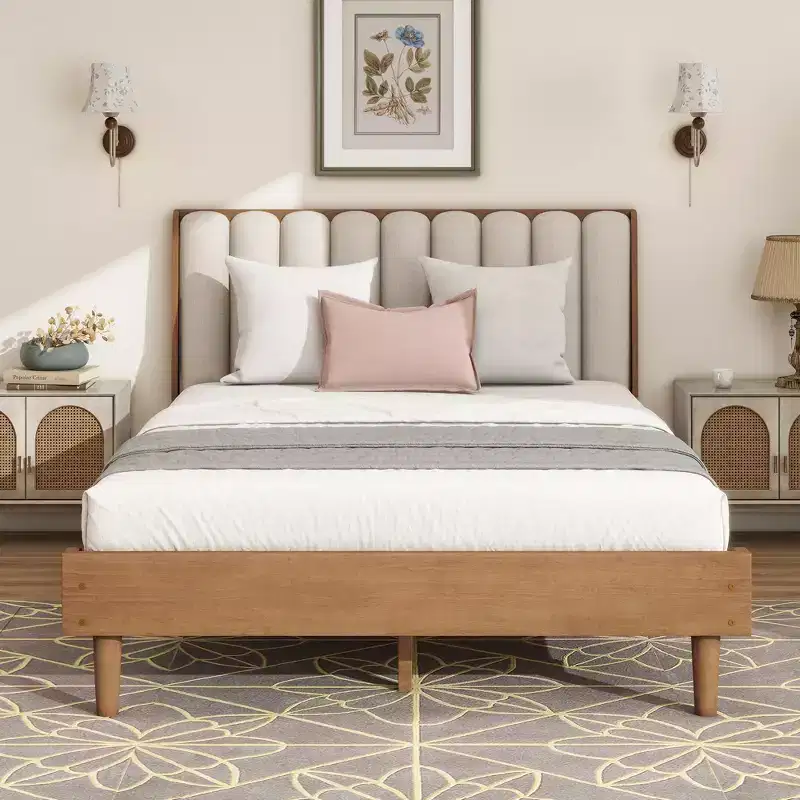Whisen Wood Bed with Upholstered Headboard and Strengthened Frame