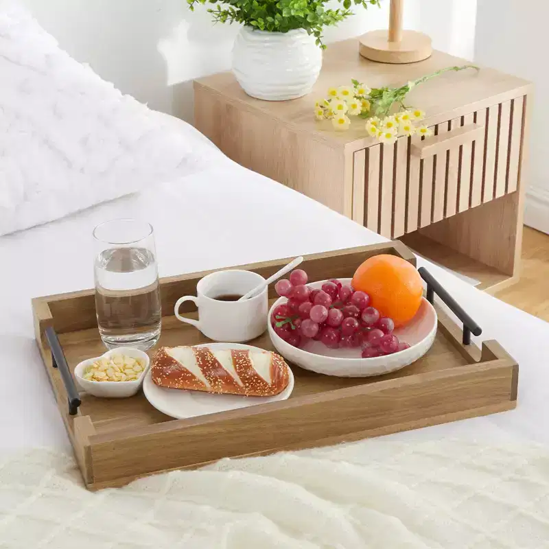 17-Inch Acacia Wood Serving Tray with Metal Handles - Brown