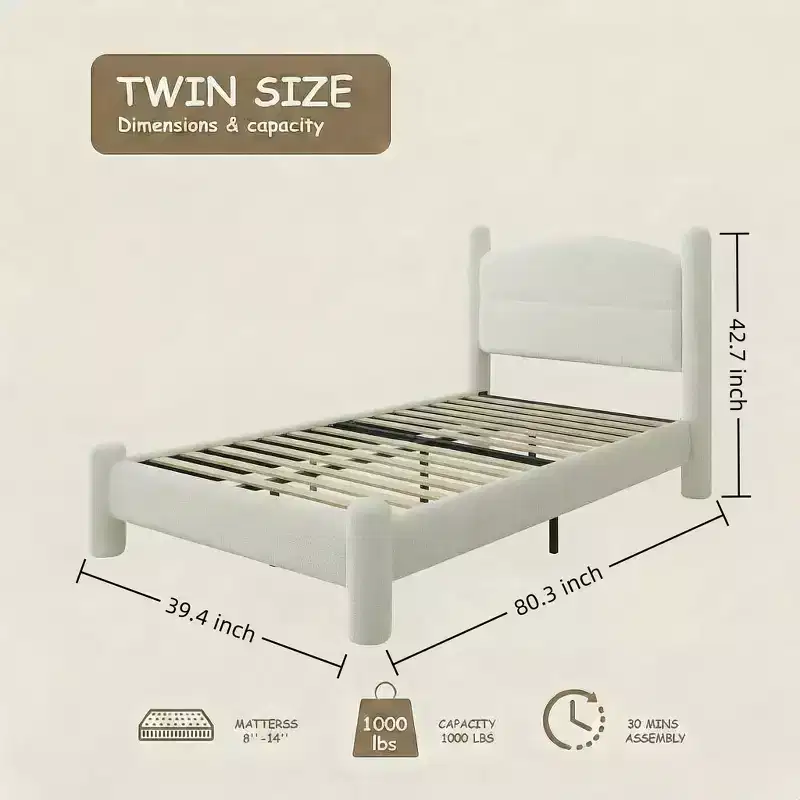 Boucle Bed Frame, Upholstered Platform Cloud Bed with Soft Round Headboard & Sturdy Legs, No Box Spring Needed, White Easy Assembly Mattress Bedframe