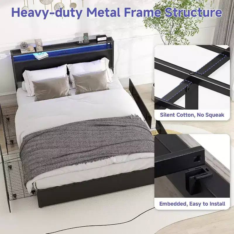 Zevemomo Full Bed Frame with 4 Storage Drawers, Full Size Bed Frame with Headboard, LED,Sturdy Metal Slat Support, No Noise, Black
