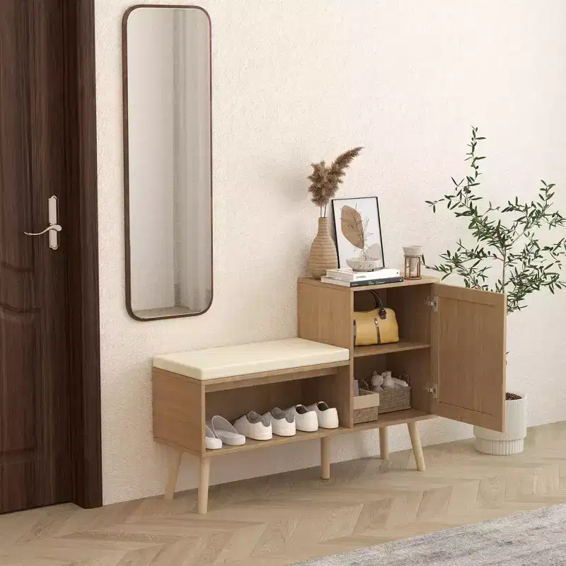2-in-1 Shoe Storage Bench with Faux Rattan Doors and Cushioned Seat