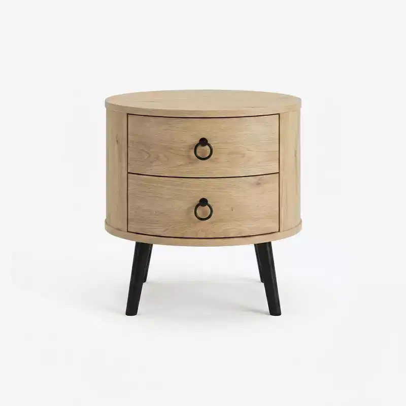 Modern Round Side Table with 2 Drawers, Wooden Accent End Table Nightstand with Metal Legs, Bedroom Living Room Apartment