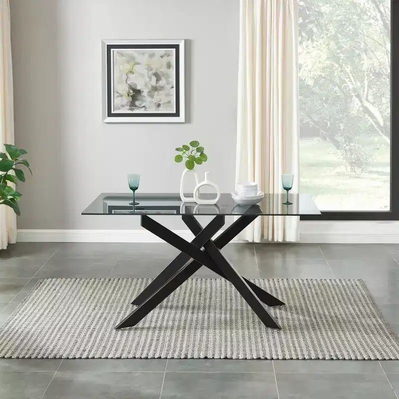 Probe Hues 58.4 Inch Dinning Table with Glass Top and Steel Legs