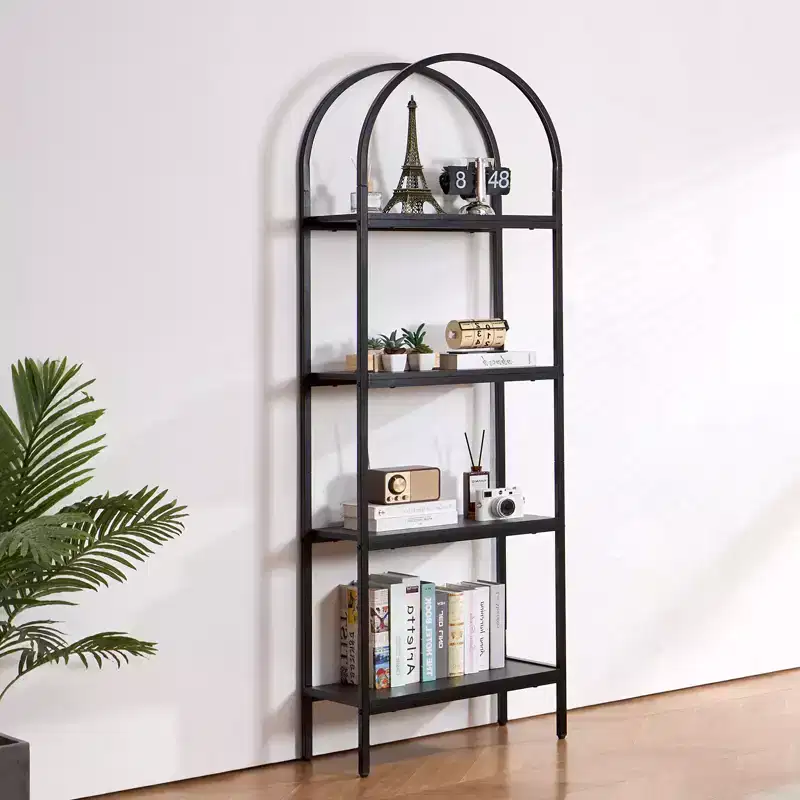Metal Bookshelf, 4-Tier Arched Industrial Bookshelf, Small Rustic Vintage Storage Bookcase with Open Shelves, Freestanding Display Shelving