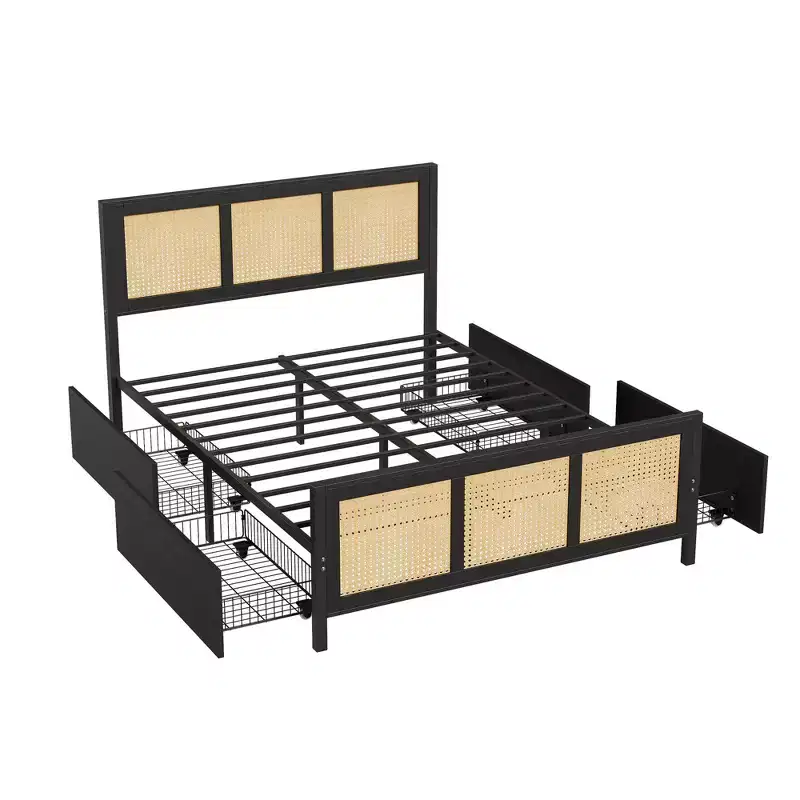 Boho Rattan Bed Frame with Headboard  Cane Platform, 4 Large Storage Drawers, Noise-Free Strong Metal Slats, Easy Assembly