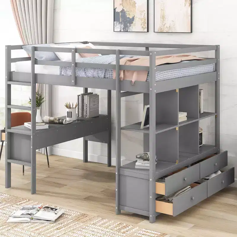 Okak Full Size Pine Wood Bunk Bed with Built-in Desk & Storage Cabinets Loft Bunk Bed with 2 Drawers for Teens, Easy Assemble, White/Gray