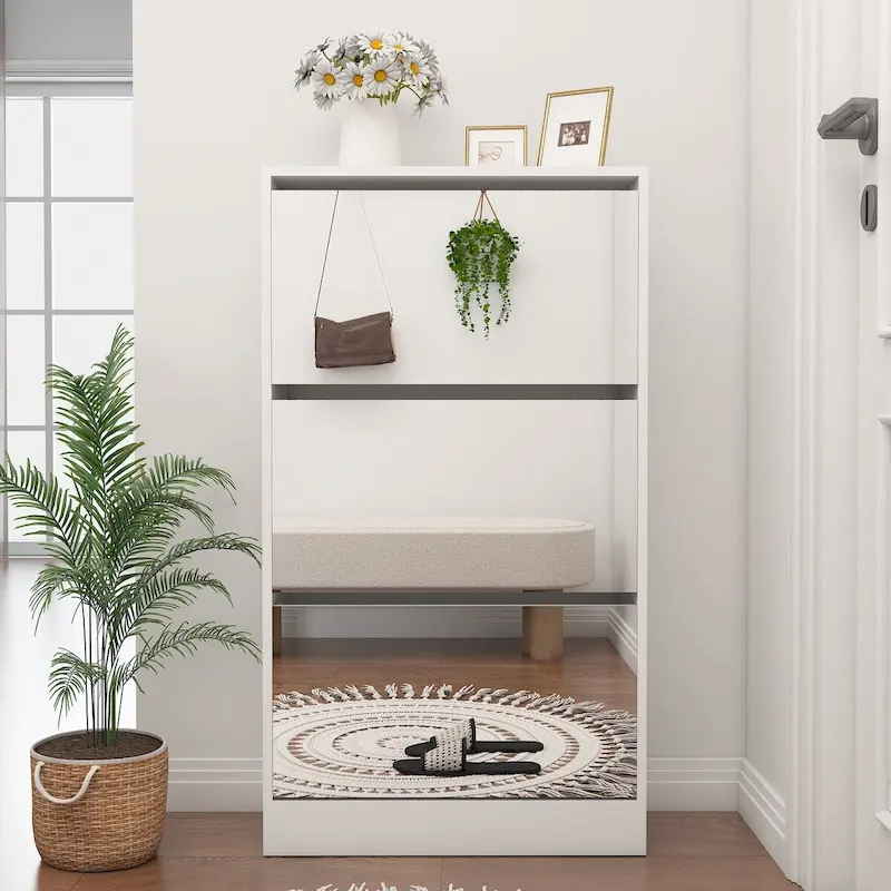 Wood Slim Shoe Storage Cabinet with Mirror