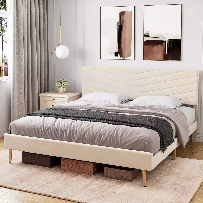 King/Queen/Full Size Bed Frame with Adjustable Headboard, Velvet Upholstered Platform Bed, Solid Wood Slats Support, No Box Spring Needed