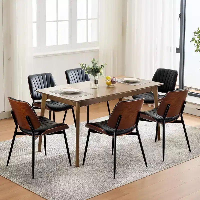 Mid-Century Modern Dining Chairs Set of 2 with PU Leather Upholstery  Walnut Bentwood Back & Adjustable Feet