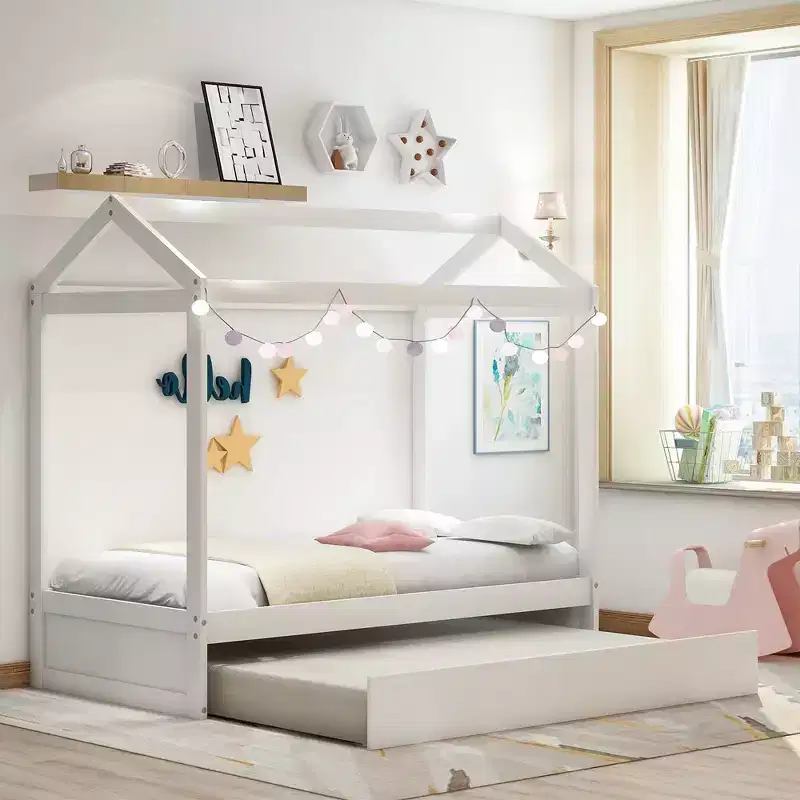 Wooden Twin Size Bed Frames With Twin Size Trundle, Easy Assembly, Platform Bed Frame, Slat Mattress Foundation