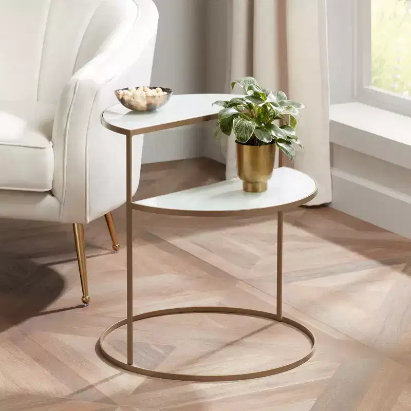 Kensington Hill Danica Modern Metal Accent Side End Table 25 x 22 1/4 Gold 2-Tier Half-Moon White Tempered Glass for Living Room Bedroom Bedside