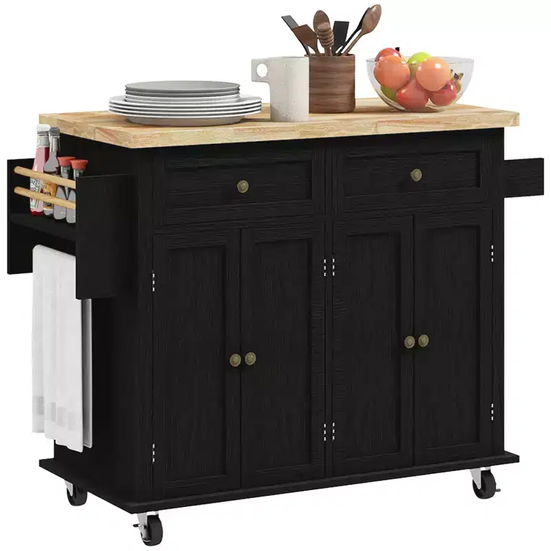 HOMCOM Kitchen Island on Wheels, Rolling Cart with Rubber Wood Top, Spice Rack, Towel Rack & Drawers for Dining Room