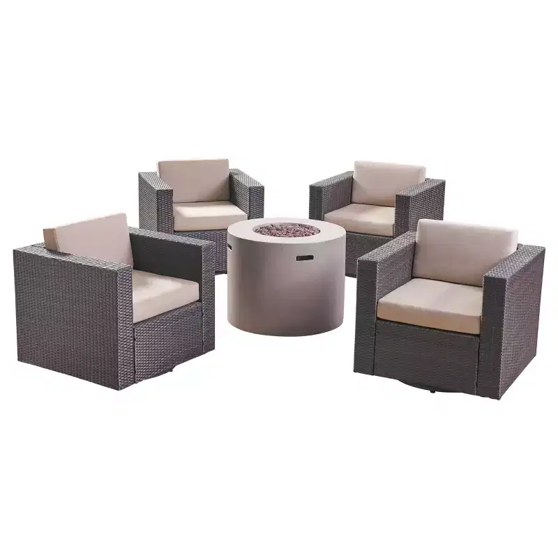 Christopher Knight Home Eli Outdoor Wicker 5 Piece Swivel Club Chair and Fire Pit Set with Cushions