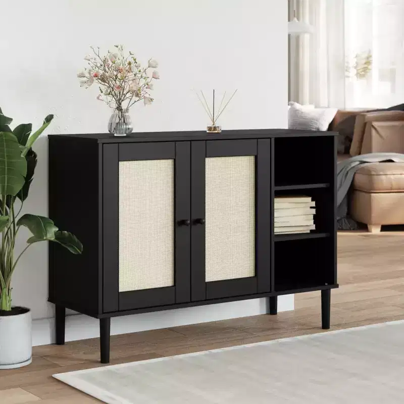 Sideboard Buffet Storage Cabinet Rattan Look Solid Wood Pine, with 3 Open Compartments