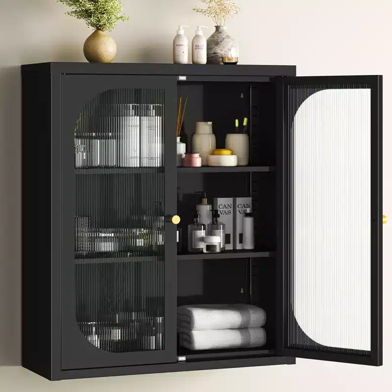 Bekrvio Bathroom Wall Mounted Cabinet with Fluted Doors, Adjustable Shelves Metal Over Toilet Glass Storage Cabinet for Kitchen, Laundry Room