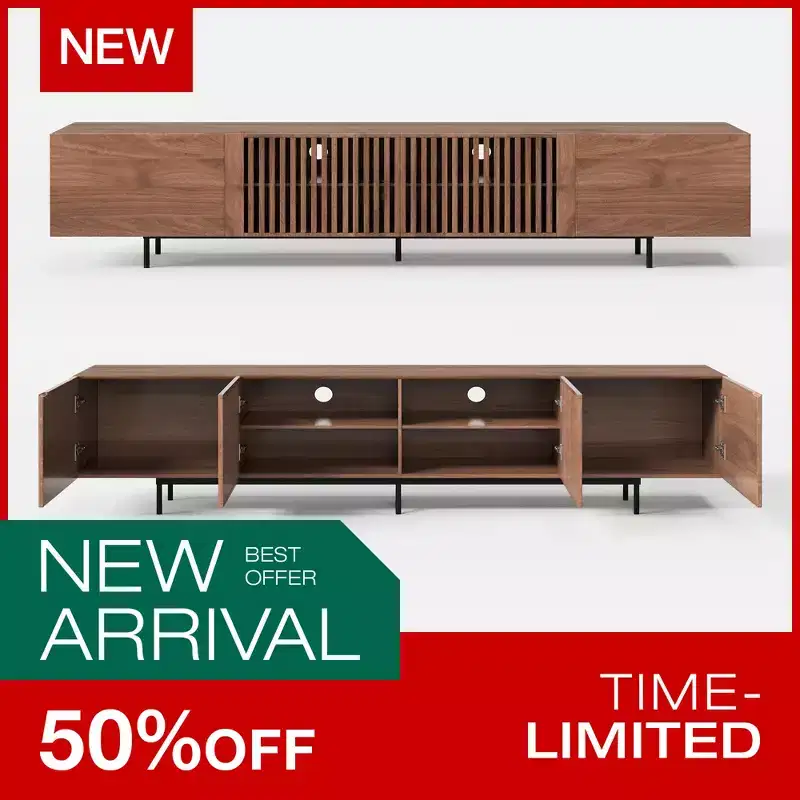 Mid-Century Modern TV Stand 94.48 Inch Console for TVs up to 100 Inch, with Cabinets, Wood Doors and Metal Frame, Walnut Color