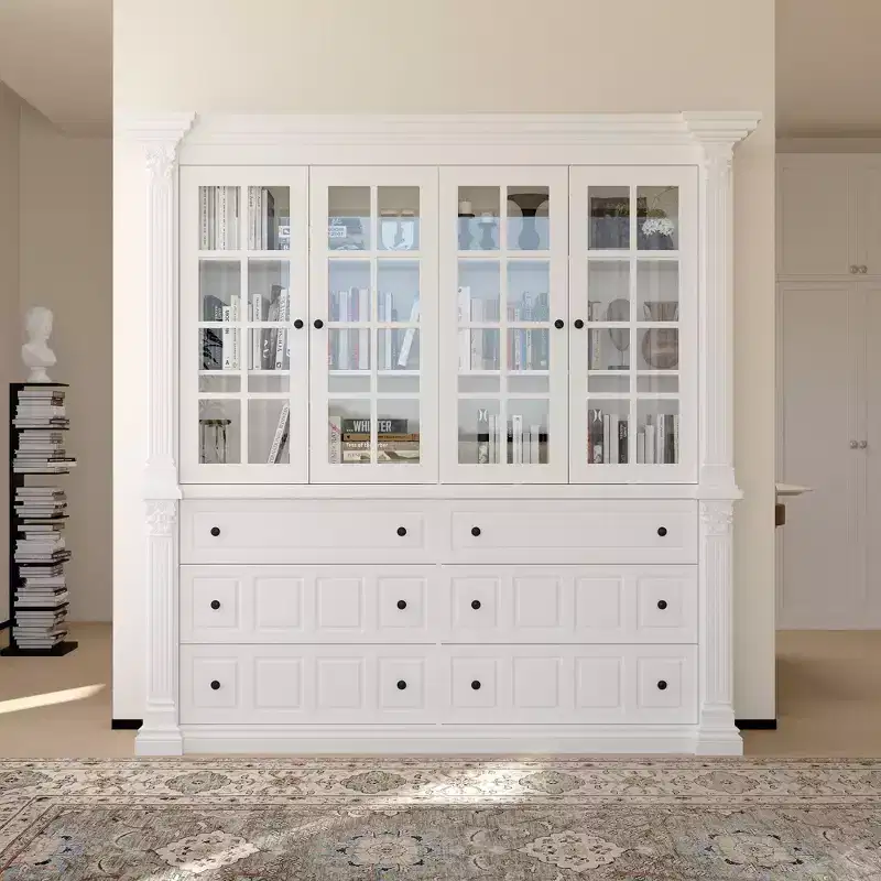 Large White Display Hutch Buffet Cabinet with Glass Doors, Credenza Sideboard Storage Unit for Kitchen Living Room Bookshelves