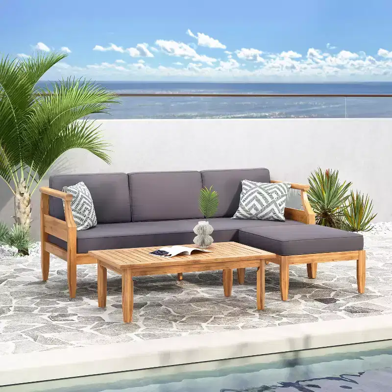 Christopher Knight Home Sloane Outdoor Acacia Wood 3 Seater Sofa Chat Set with Ottoman, Teak and Dark Gray