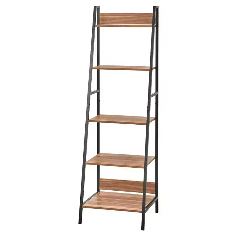 Buylateral Denton 65" Ladder 5 Tier Shelf Walnut/Black: Metal Frame, Open Storage Bookcase