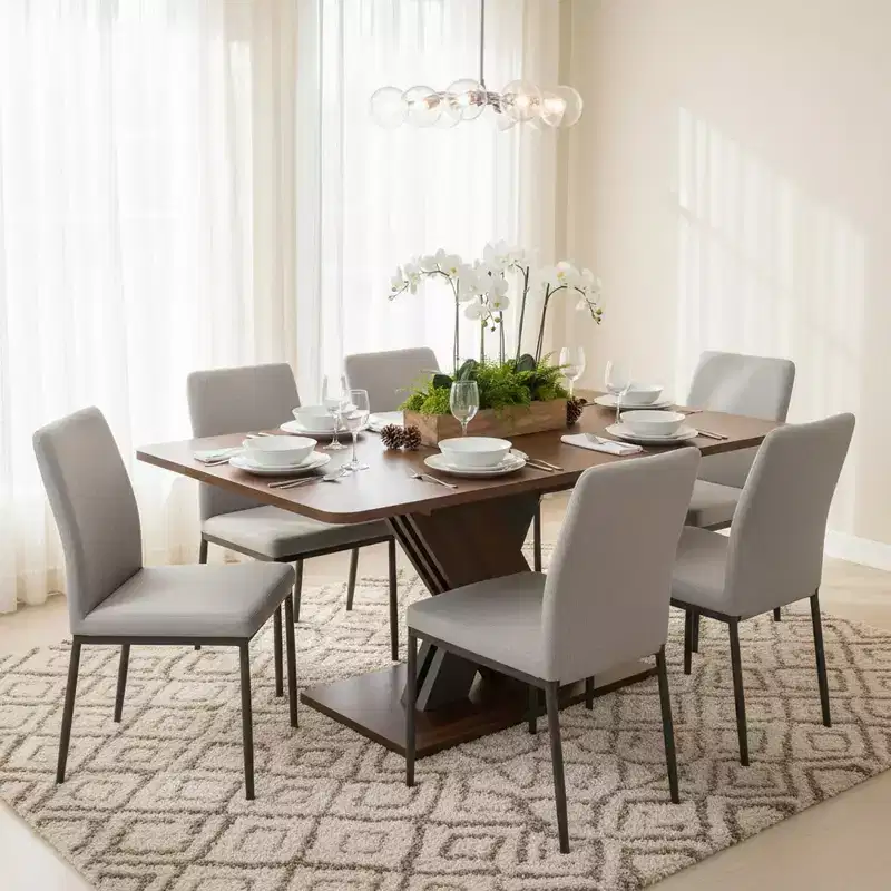 Extendable Rectangular Dining Table with X-Base, Walnut