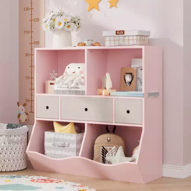 Toy Storage Organizer, 2 Set 7-Cubby Large Pink Kids Wood Bookcase with 3 Drawers, 3-Tier Toy Cabinet