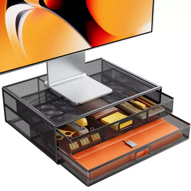2 Tier Monitor Stand, Metal Monitor Riser with Drawer, Desk Organizer, Monitor Stand with Storage, Desktop Computer Stand for PC, Laptop, Printer