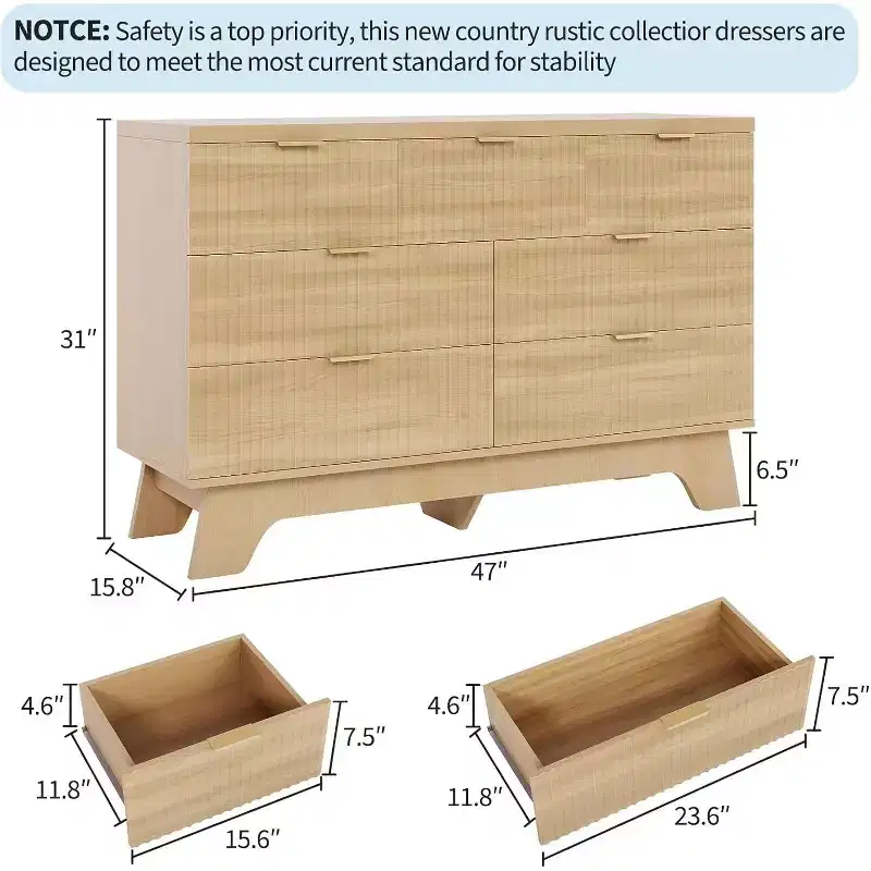 7 Drawer Dresser for Bedroom,Mid Century Modern Dresser, Fluted Dressers Chest of Drawers,TV Stand,Storage Organizer for Living Room,Hallway,Entryway