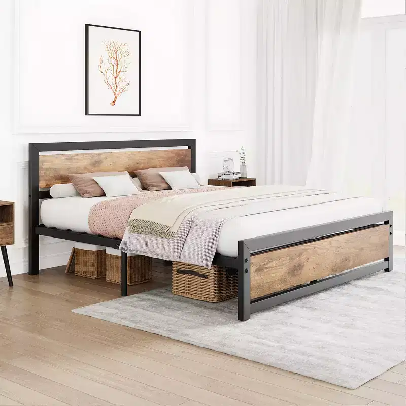Metal platform queen bed frame with wooden headboard and footboard, non-slip and durable, with ample under-bed storage, no box spring required.