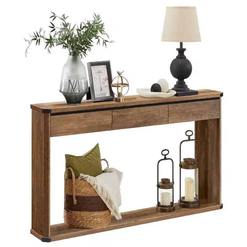 Console Table 47.2 Inches Sofa Table Narrow Entryway Table with 3 Drawers Bottom Shelf Metal Corners