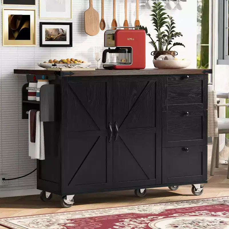 Kitchen Island with Drop Leaf, Power Outlet, Internal Storage Rack, Rolling Kitchen Cart on 5 Wheels with 5 Open Side Racks (Bar Stools Not Included)