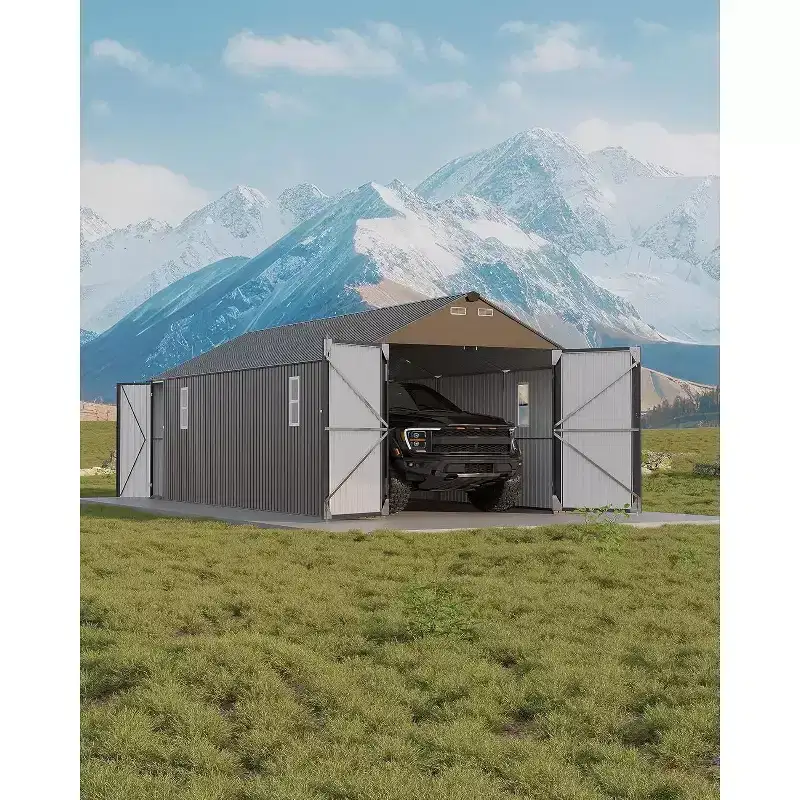 12x25FT Fully Enclosed Metal Carport with Vertical Roof and Steel Frame