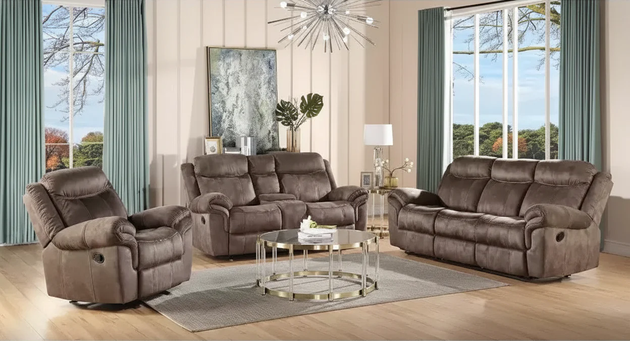 2-Tone Glider Recliner Sofa, Chocolate Velvet, Metal Frame, Foam Cushions