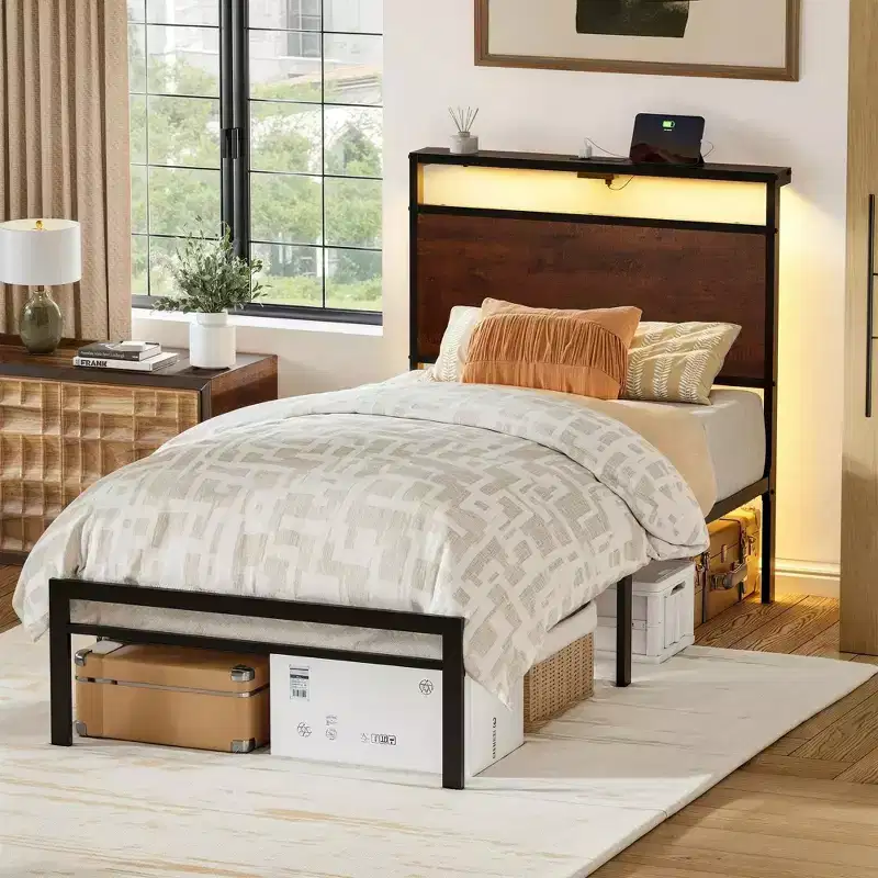 Hausource Twin Size Bed Frame with LED Headboard, Charging Station, No Box Spring Needed