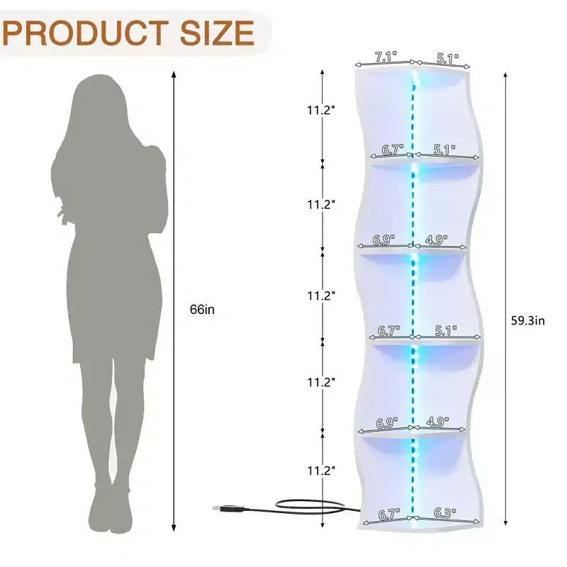 VECELO 5-Tier Wave Corner Shelf, Tall Vertical Storage Display Shelf for Small Spaces & Living Room, White