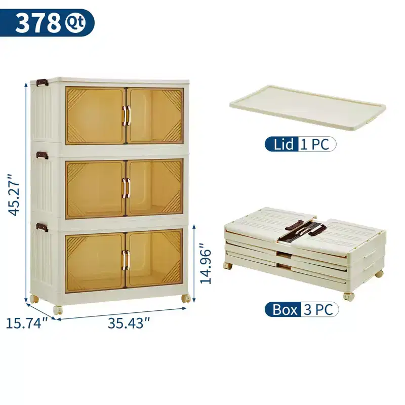 Multi-Tier Stackable Storage Cabinet with Doors & Wheels for Home Organization