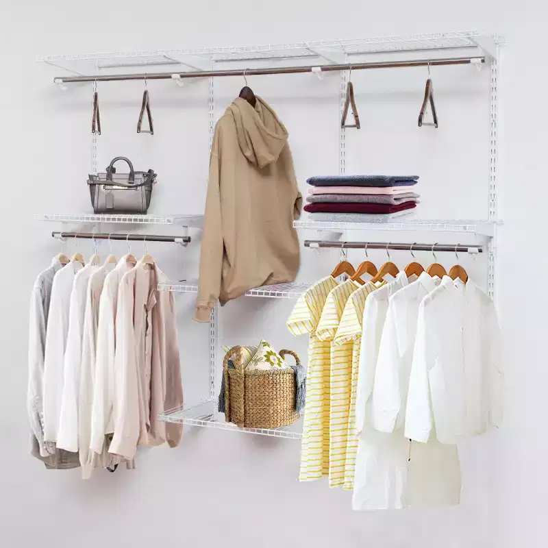 Wall Mounted Adjustable Closet Organizer, Custom Metal Closet System with Shelves and Hanging Rods