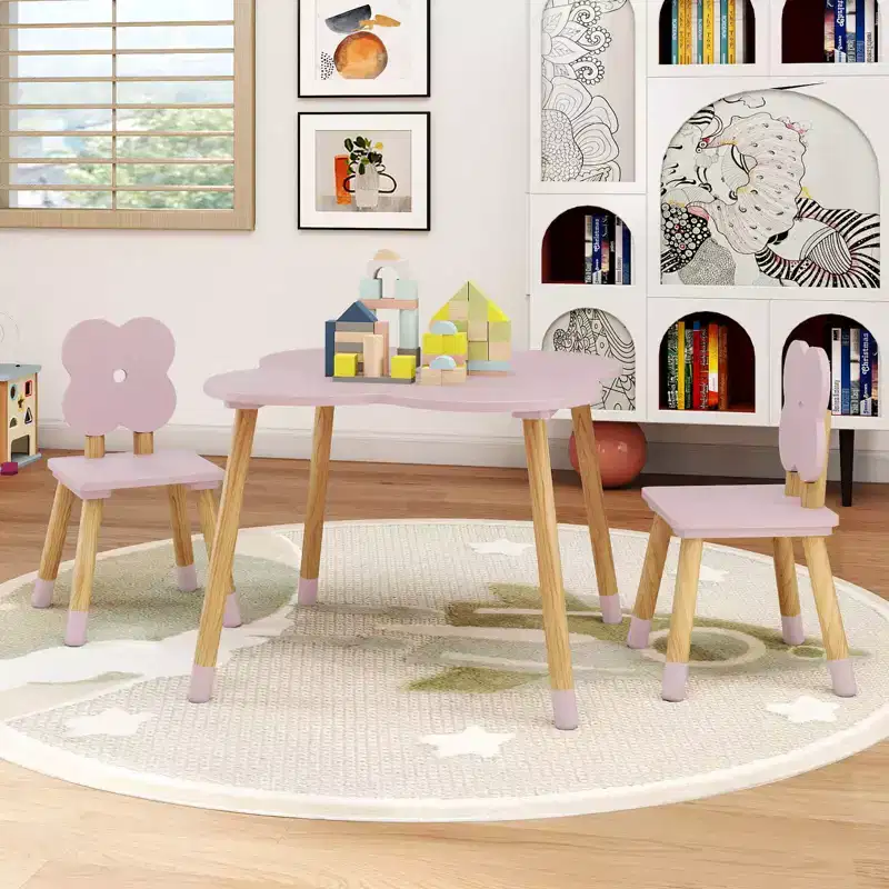 Costway Flower-shaped Kids Table Set with 2 Child-sized Chairs Solid Pine Wood Legs Pink/White