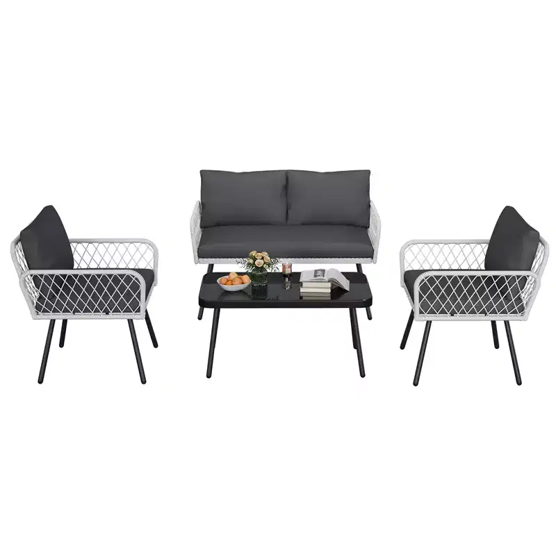 4Pcs Iron Frame Wicker Sofa Set - 2 Single Chairs, 1 Double Sofa, 1 Coffee Table, Diamond Weave Pattern, Modern Patio Furniture