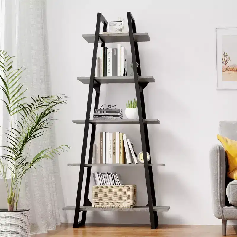 72 Metal Frame Bookshelf, 5-Tier Open Ladder Shelf with Adjustable Shelves, Industrial Bookcase for Home Living Room Bedroom Office Storage