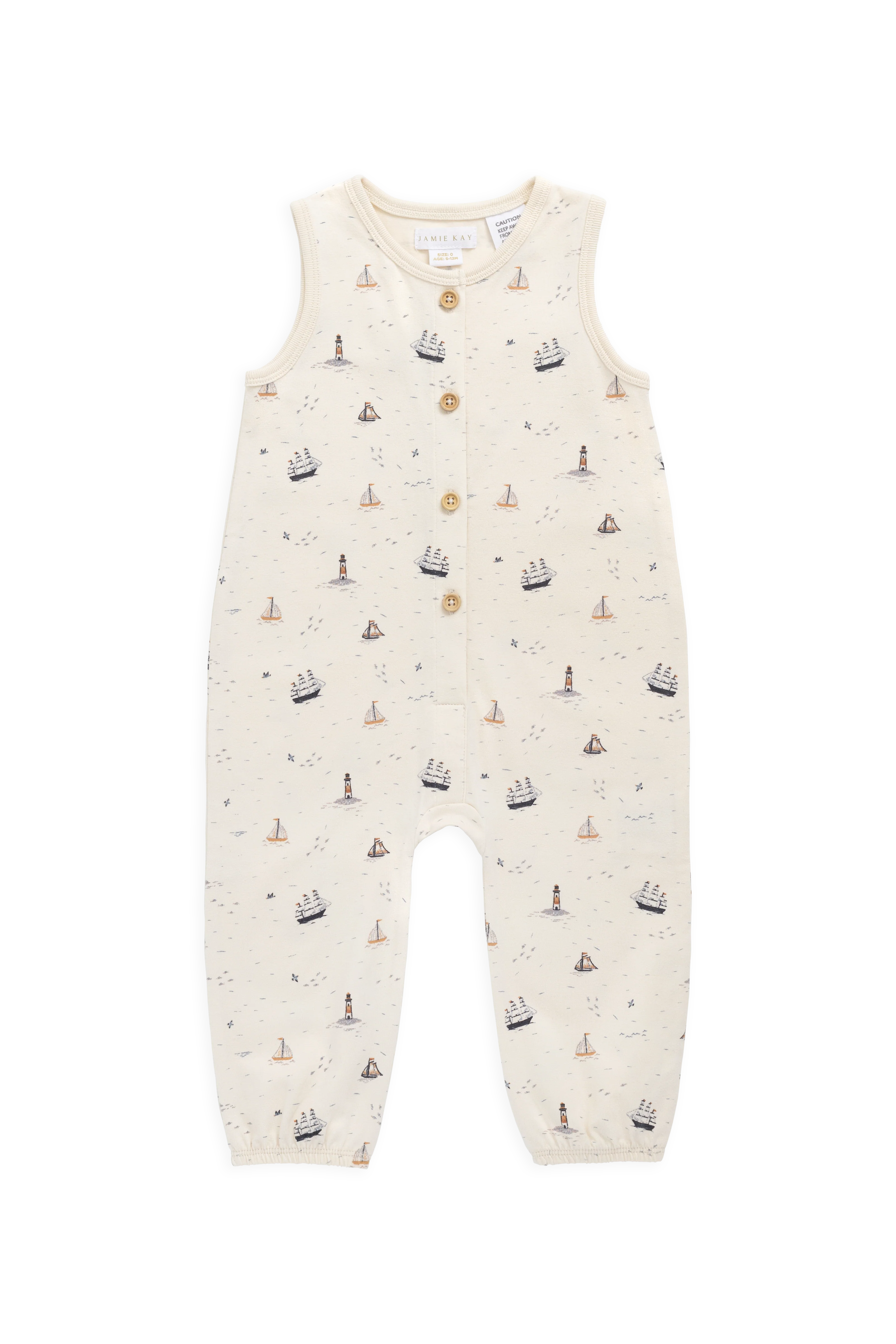 Playful Nautical Sailing Day Print Organic Cotton Sleeveless Onepiece with Button Front for Babies 0M–3Y