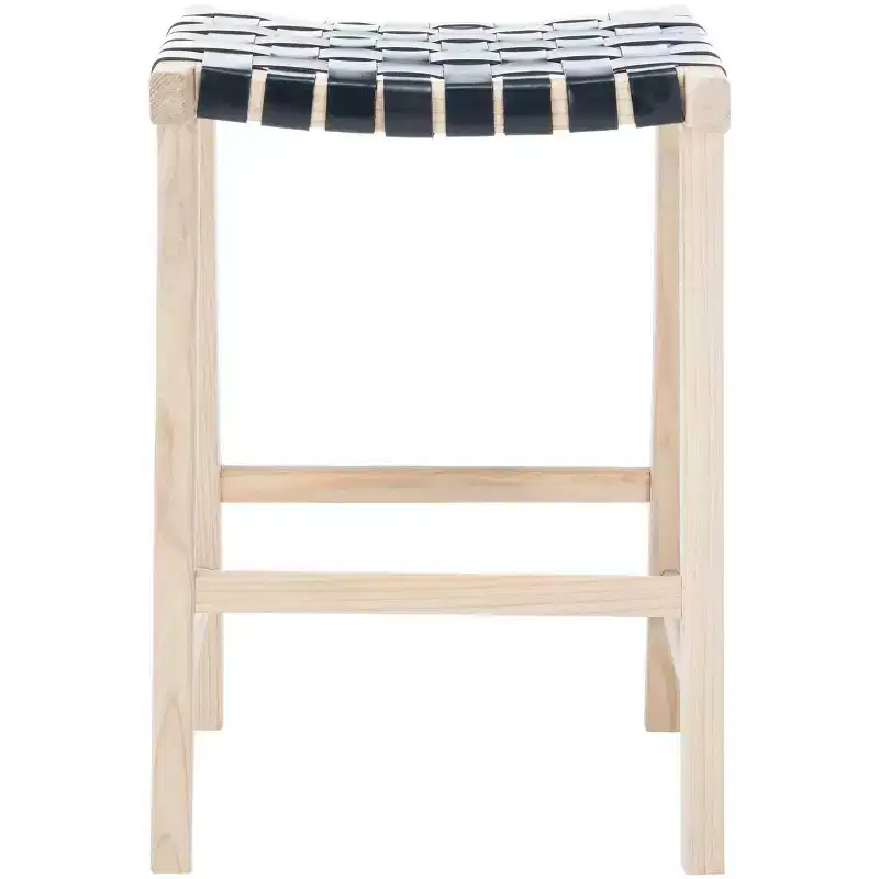 Rectangle Counter Stool with Woven Leather Seat and Wood Frame