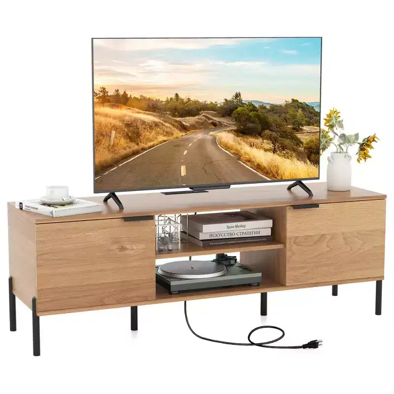 Costway 2-Door TV Stand with Charging Station Media Entertainment Center for TVs up to 65