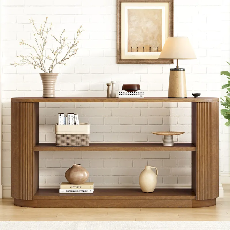 Console Table with Open Shelves and Fluted Wood Veneer