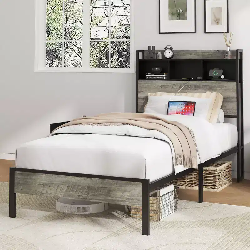 Twin/Full Size Platform Bed with Storage and Headboard, Wooden Platform Bed Frame with Charging Station,Antique Gray