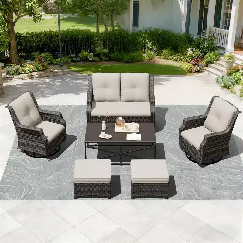 UPTIOT Outdoor Patio Set with Sofa, Rockers, Ottomans, and Coffee Table for Relaxing Backyard Comfort