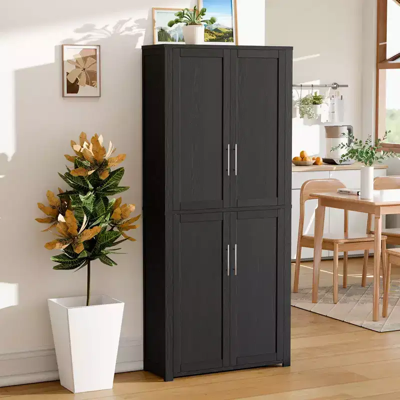 Kitchen Pantry Cabinet, Freestanding Food Storage Cabinet with 4 Doors & Adjustable Shelves, Floor Utility Storage Organizer